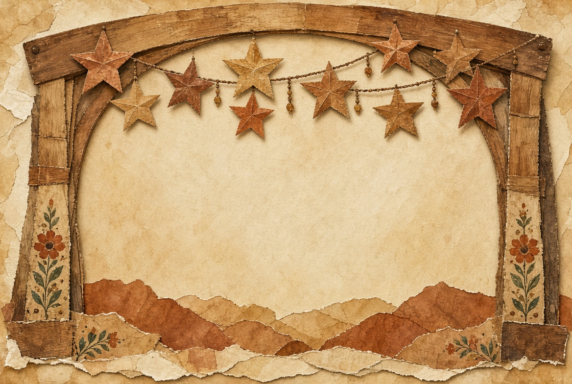 Original painting of a homemade wooden stage arch hung with paper stars