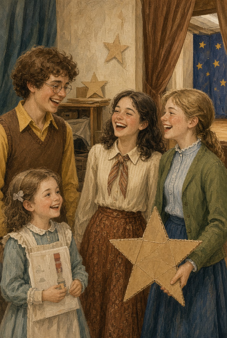 Original painting of young people laughing backstage with a homemade star prop