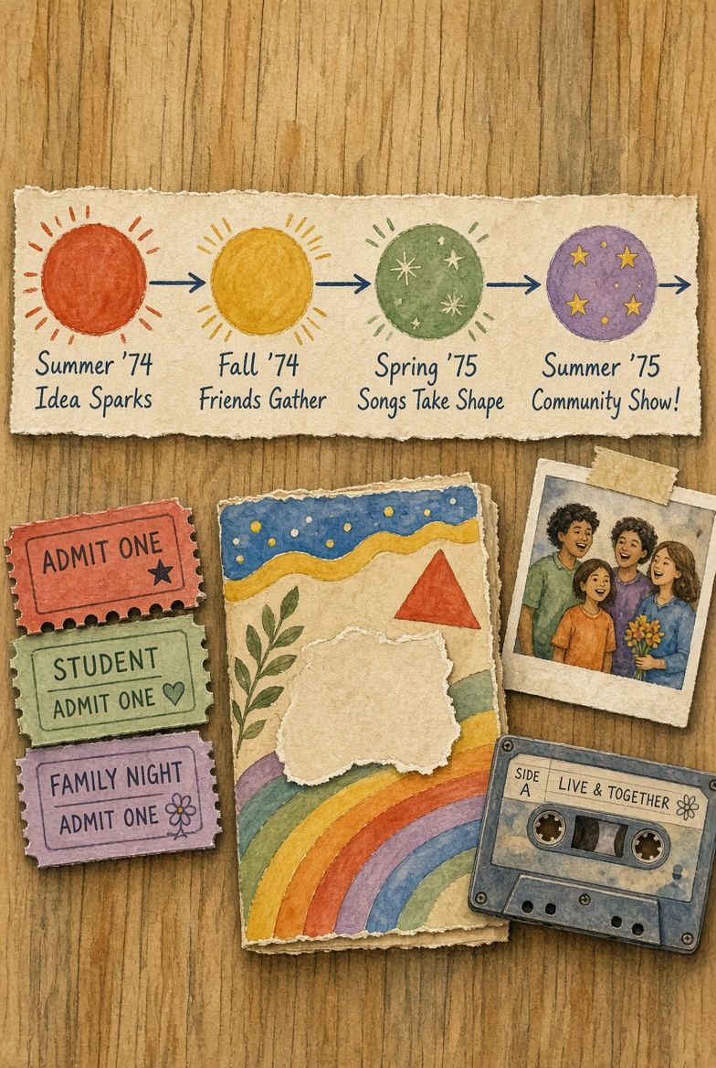 Original painting of homemade tickets, a cassette, and a family snapshot on a wooden table